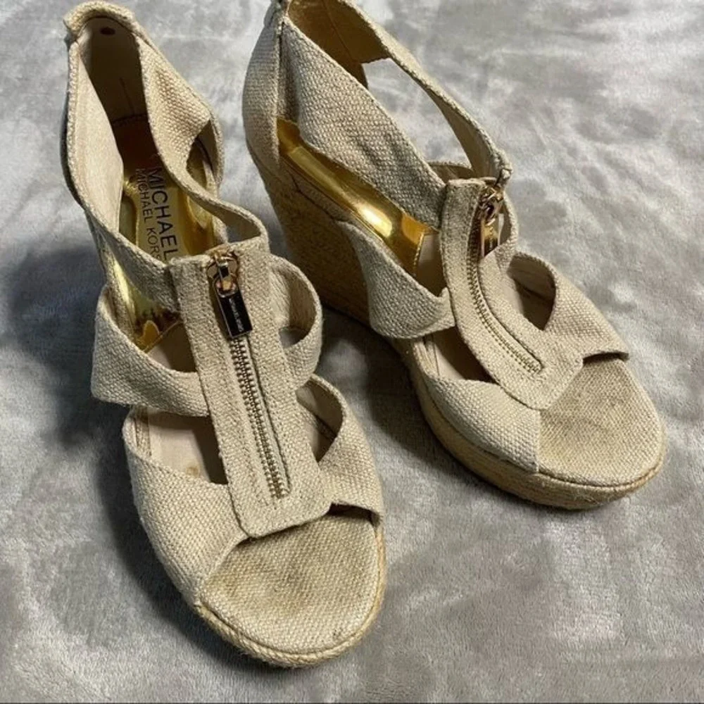 Michael Kors Espadrille Platform Wedge Sandals 8.5 Beige Women Canvas Jute Zip